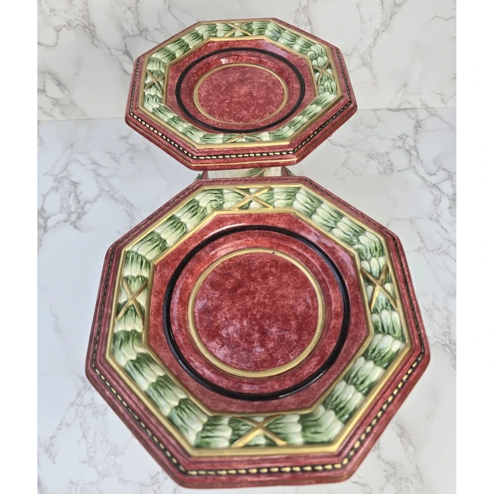 Fitz Floyd Equestrian Octagonal Pillar Candle Holders Pair Acorn Oak Leaf Large